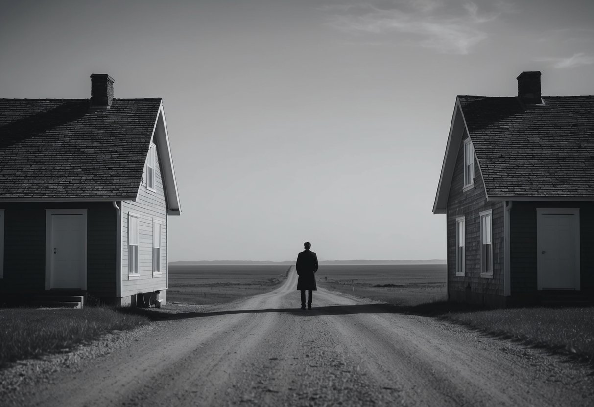 Two houses separated by a vast, empty expanse, with a lone figure standing in the doorway, gazing wistfully at the distant horizon