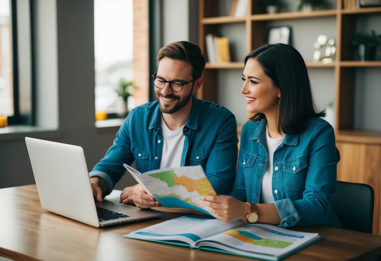 A couple sitting at a table with a map, guidebook, and laptop, planning a non-wedding celebration