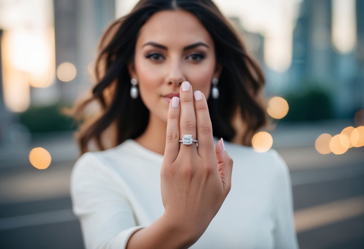 A woman's right hand with a wedding ring, surrounded by symbols of independence and strength