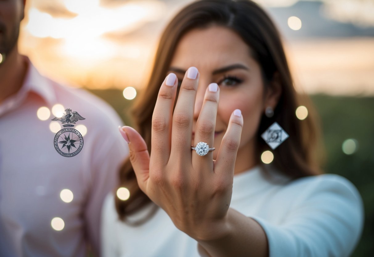 A woman's right hand with a wedding ring, surrounded by symbols of strength and independence