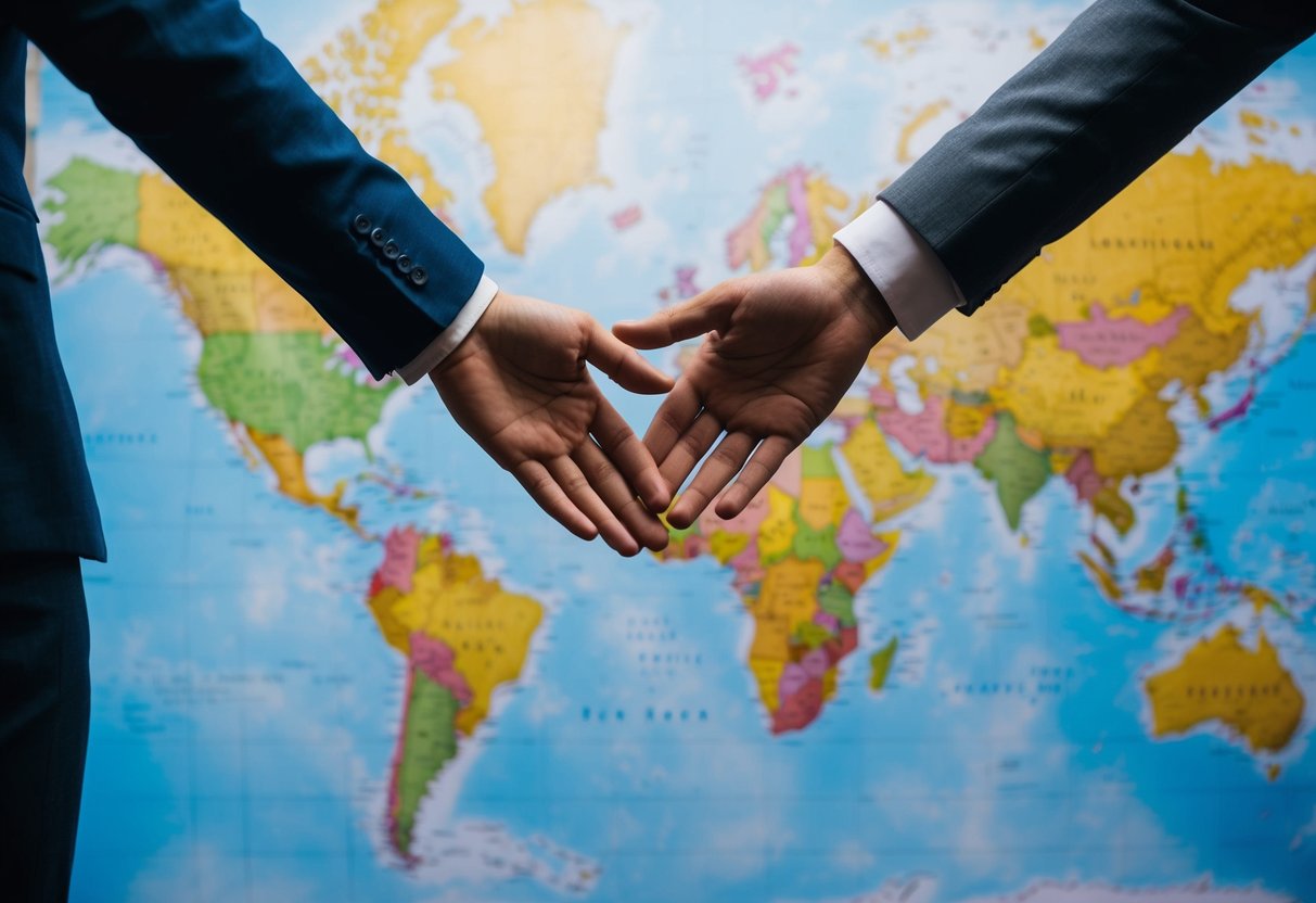 A couple's hands reaching out towards each other across a map, symbolizing the challenge of maintaining communication and trust in a long-distance marriage