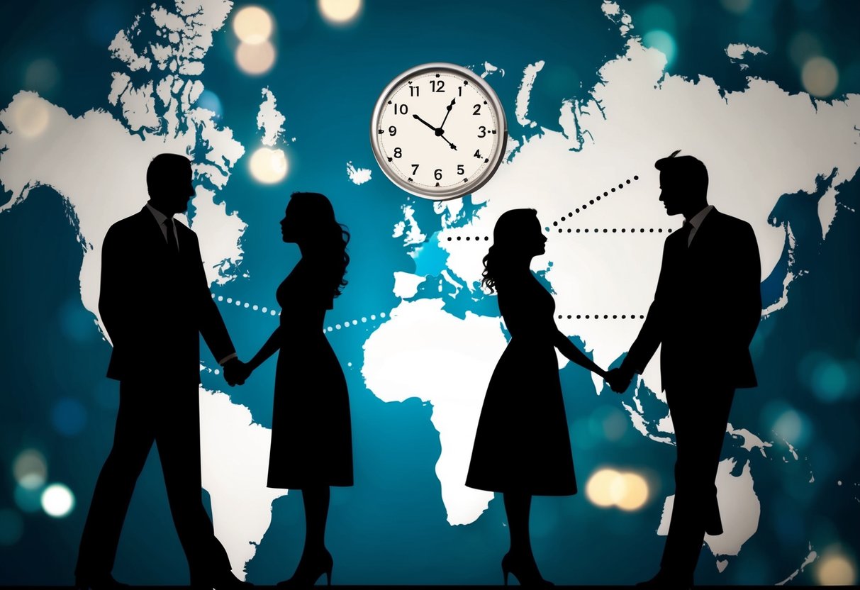 A couple's silhouettes on opposite sides of a world map, connected by a dotted line, with a clock showing different time zones