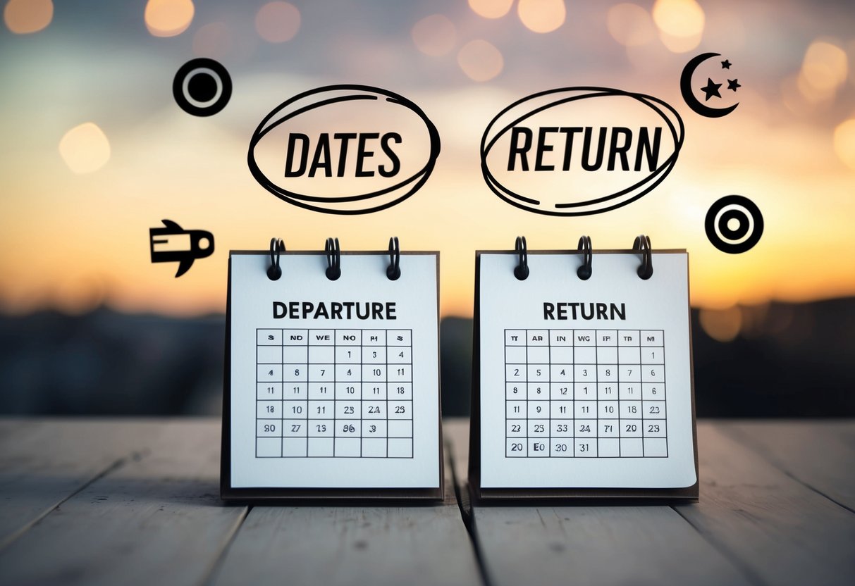 A calendar with two dates circled, one marked departure and the other return, surrounded by empty spaces and symbols of longing