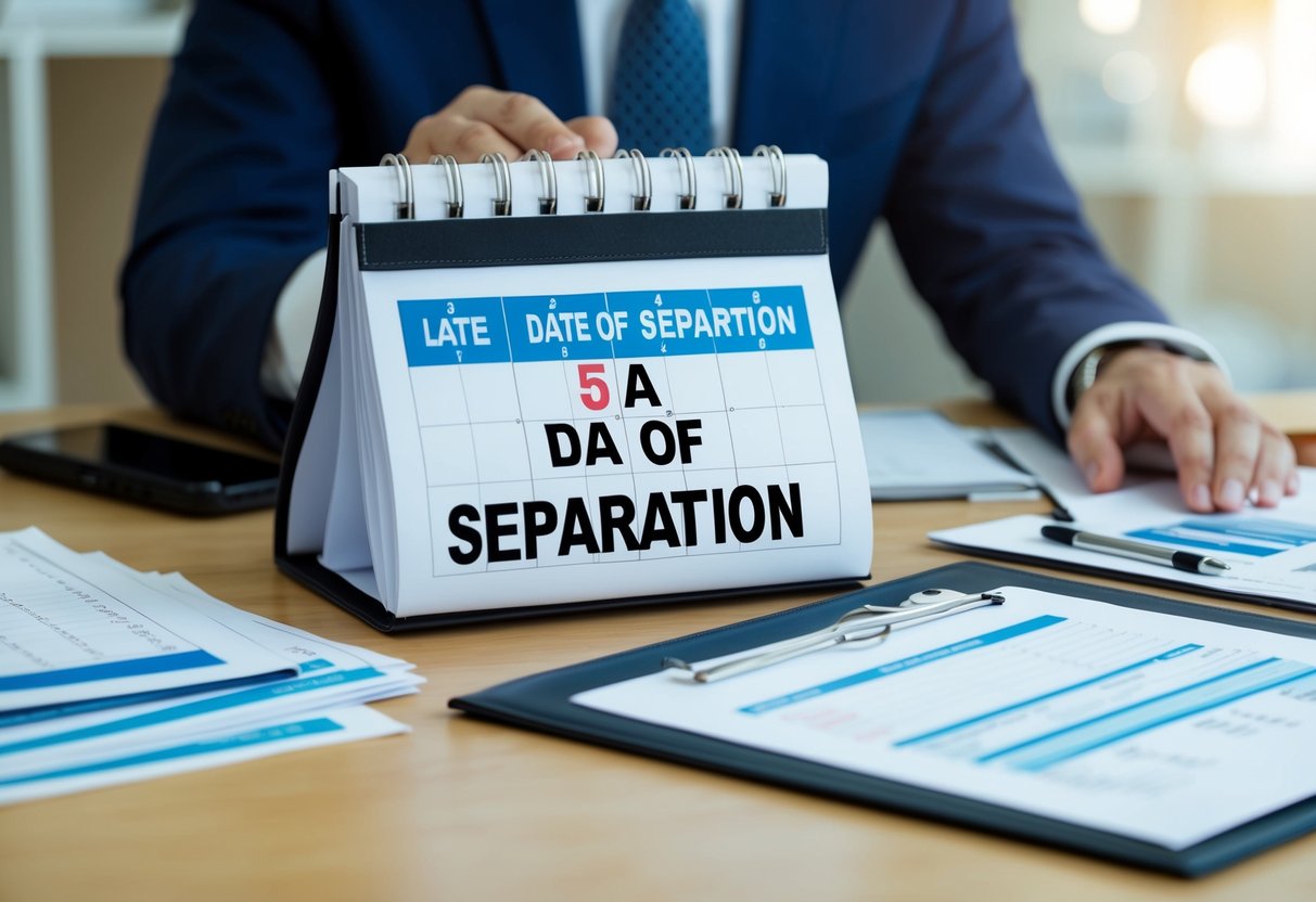 A calendar with a marked date of separation and various legal and financial documents spread out on a table