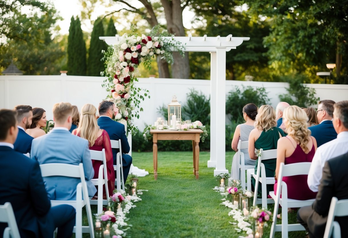 A cozy backyard wedding with a floral arch and seating for guests