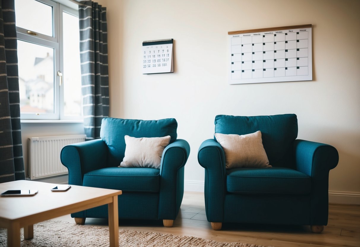 A cozy living room with two empty chairs facing each other, a calendar on the wall, and a phone on the table