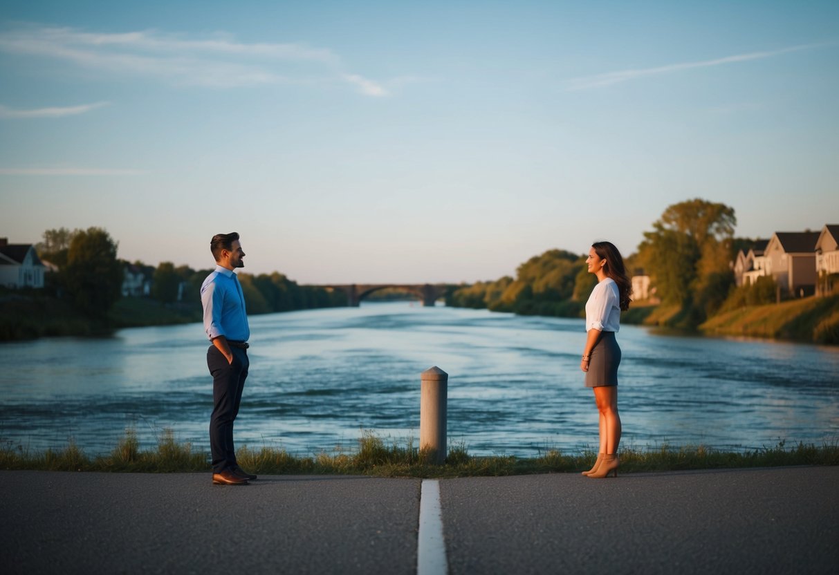 A man and woman stand on opposite sides of a river, gazing longingly at each other across the water, their homes and new beginnings awaiting on the other side