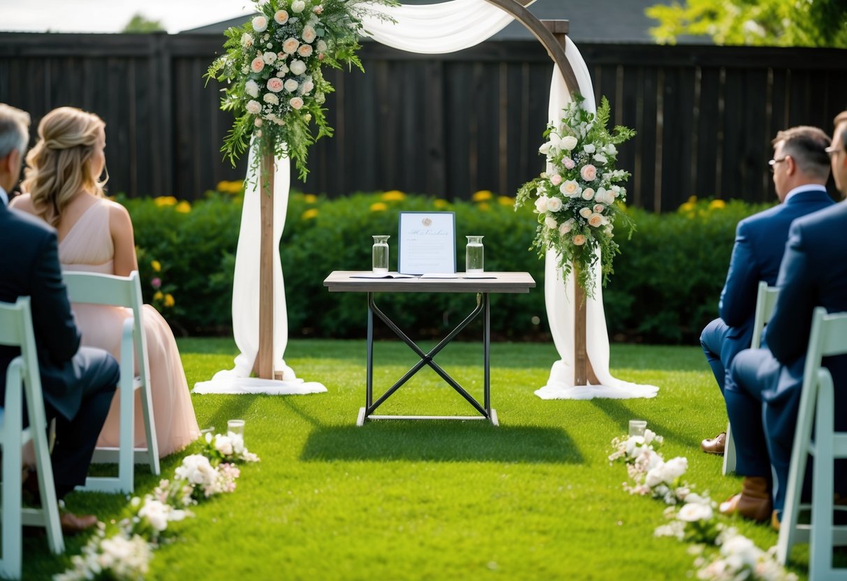 A backyard wedding setup with an arch, flowers, and seating for guests. A small table for signing legal documents is placed in the center