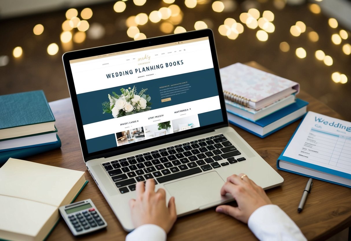 A laptop with a wedding website design on the screen, surrounded by wedding planning books and a calculator