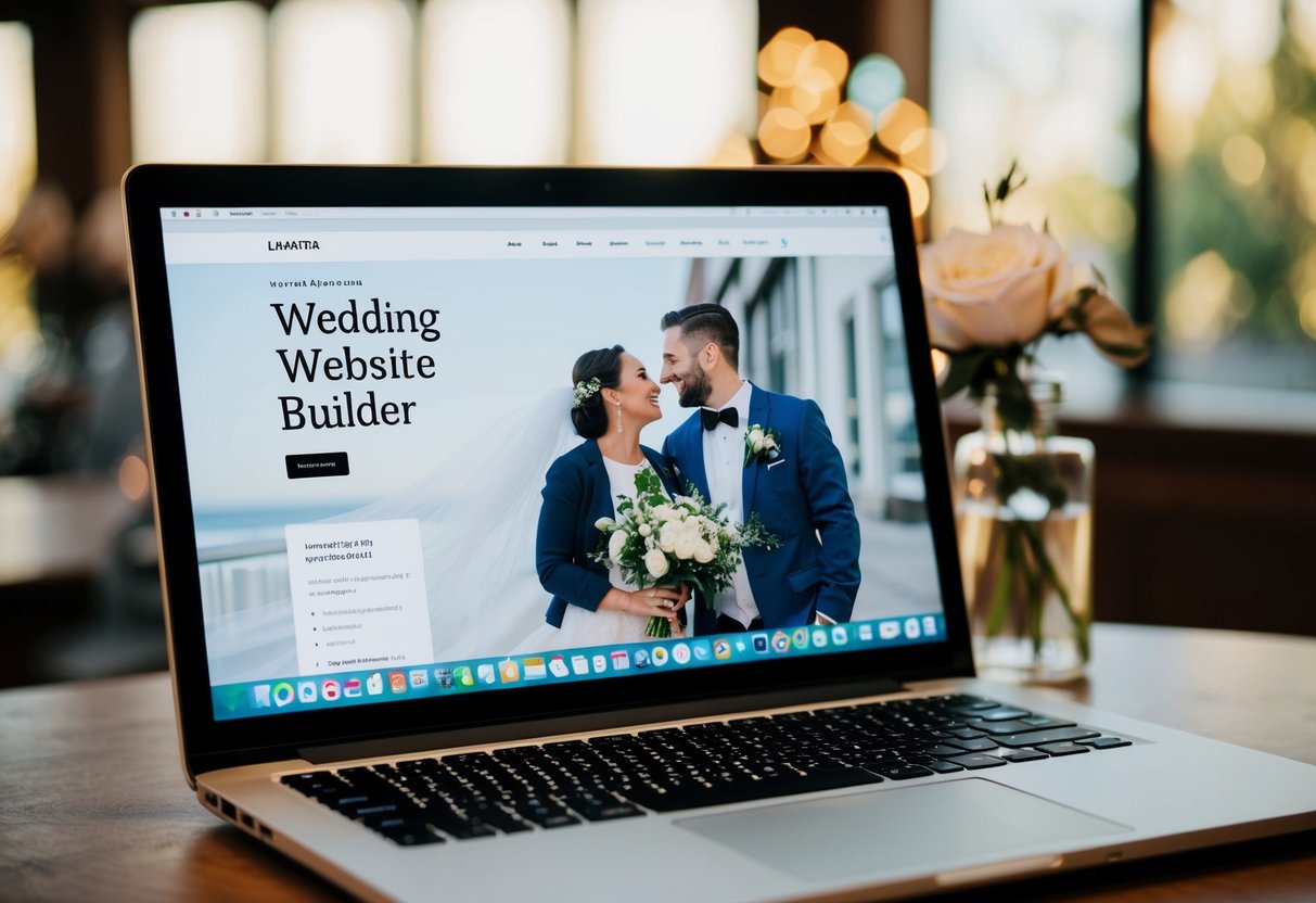 A laptop open to a wedding website builder, with a happy couple's photo and wedding details displayed on the screen