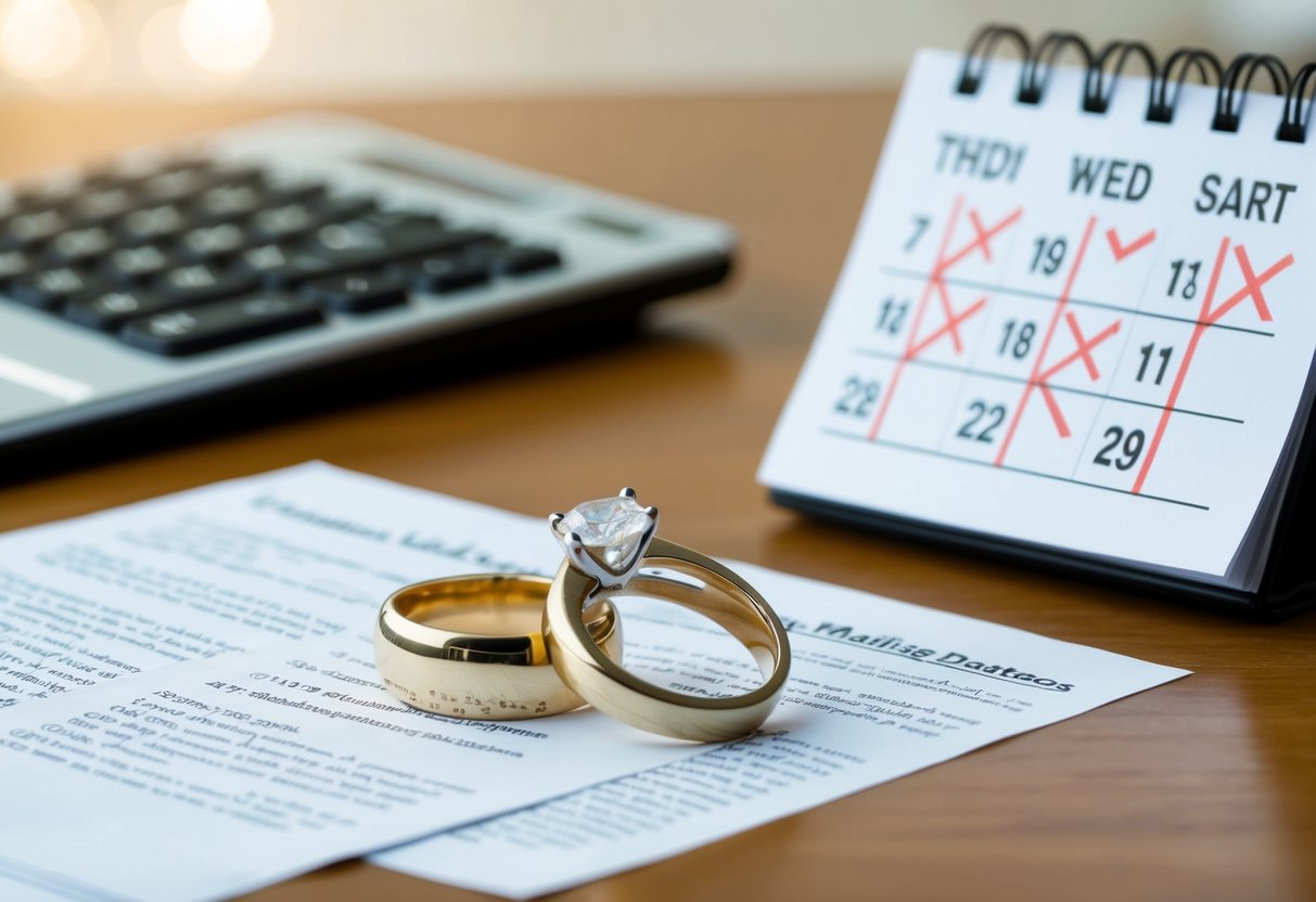 A broken wedding ring on a table, surrounded by legal papers and a calendar showing multiple crossed-out dates