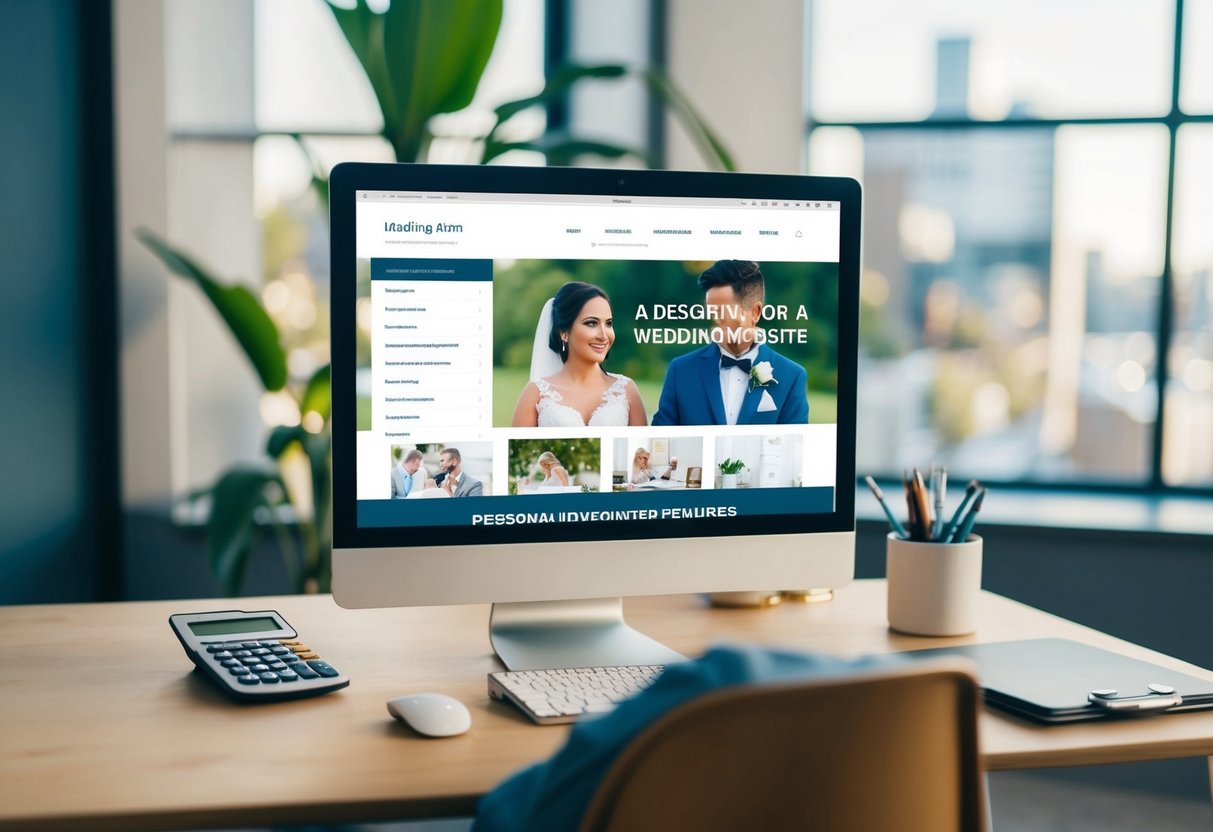 A couple sits at a computer, designing a wedding website. The screen displays options for personalized features, while a calculator and budget planner sit nearby