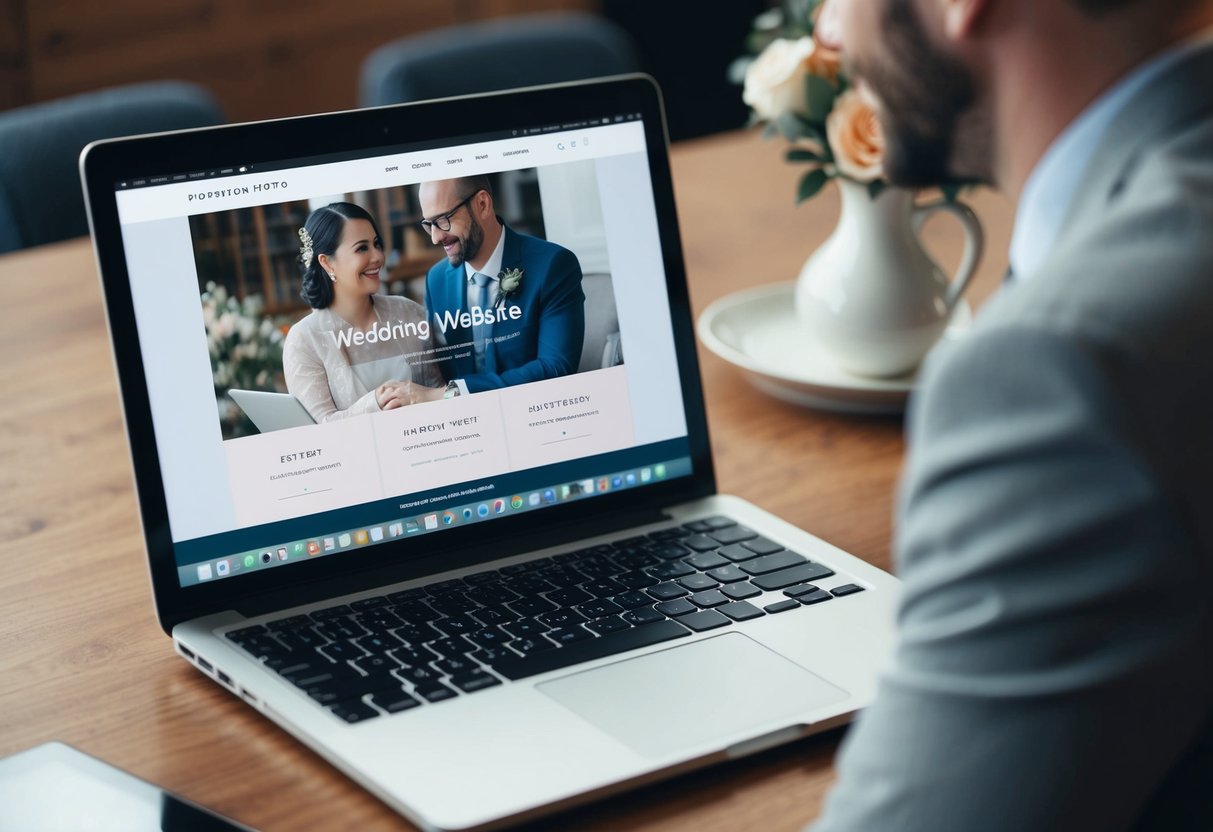 A laptop open on a table, with a wedding website being created. A couple discussing details and smiling
