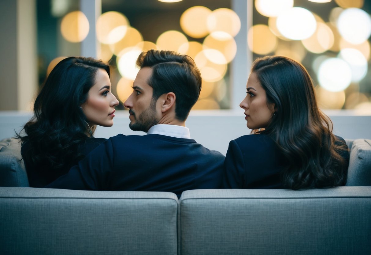 A couple sitting on opposite ends of a couch, with tense body language and a distant look in their eyes