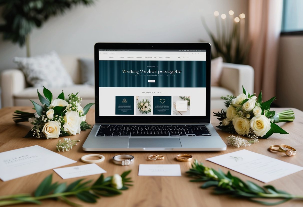 A laptop with a wedding website open, surrounded by wedding details like flowers, rings, and invitations