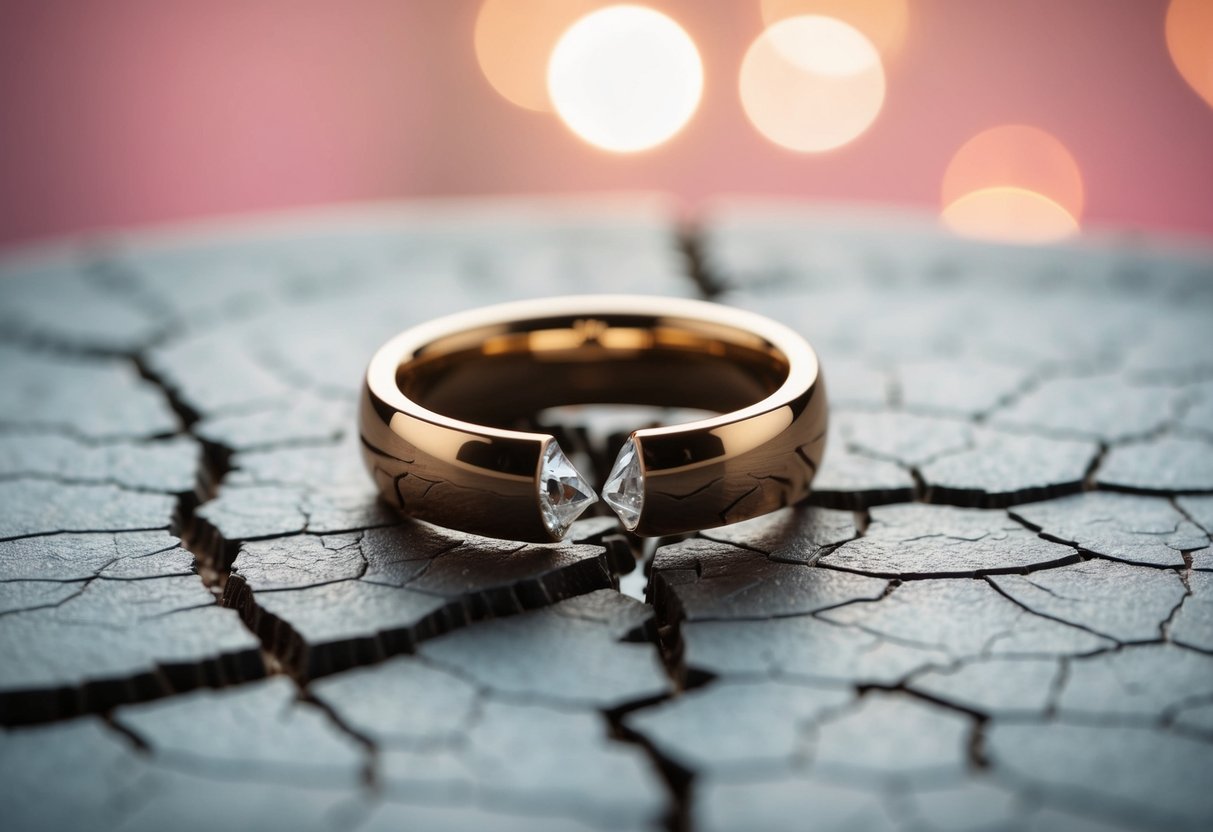 A broken heart-shaped wedding ring lying on a cracked surface