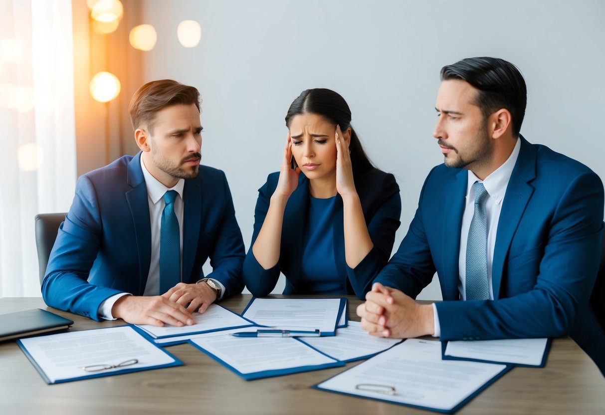 A couple sitting at a table, surrounded by legal documents and a divorce lawyer, looking distressed