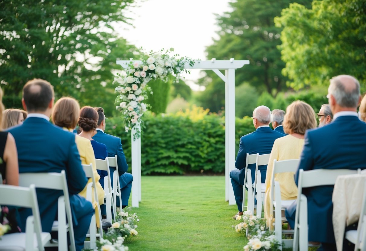 A simple outdoor wedding: a blooming garden, a small arch, and a few chairs for guests