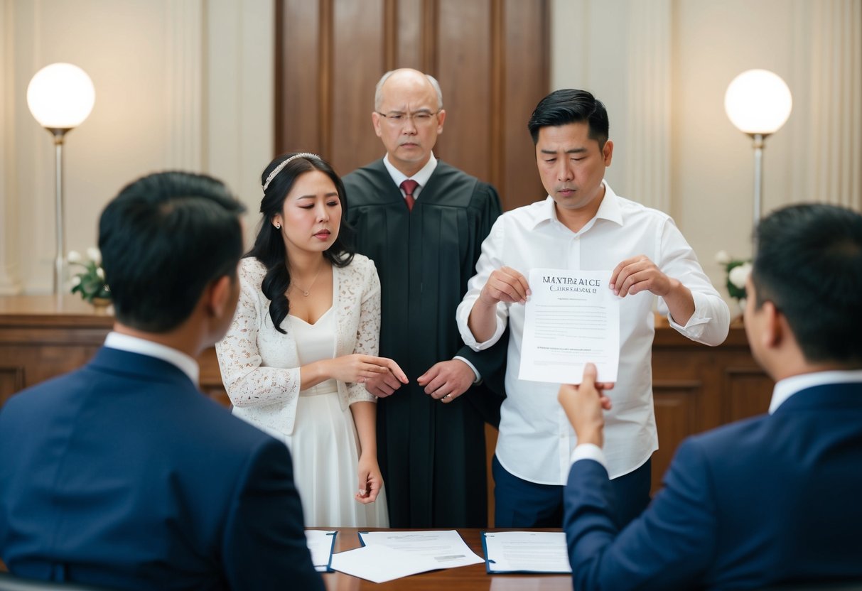 A couple standing in front of a judge, looking distressed, while a marriage certificate is torn in half