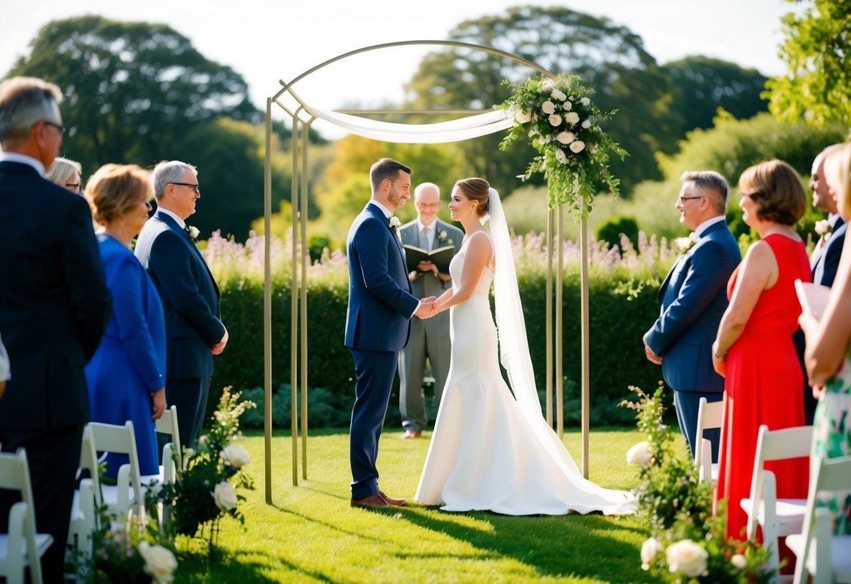 A couple stands beneath a simple arch in a sunlit garden, exchanging vows as guests look on