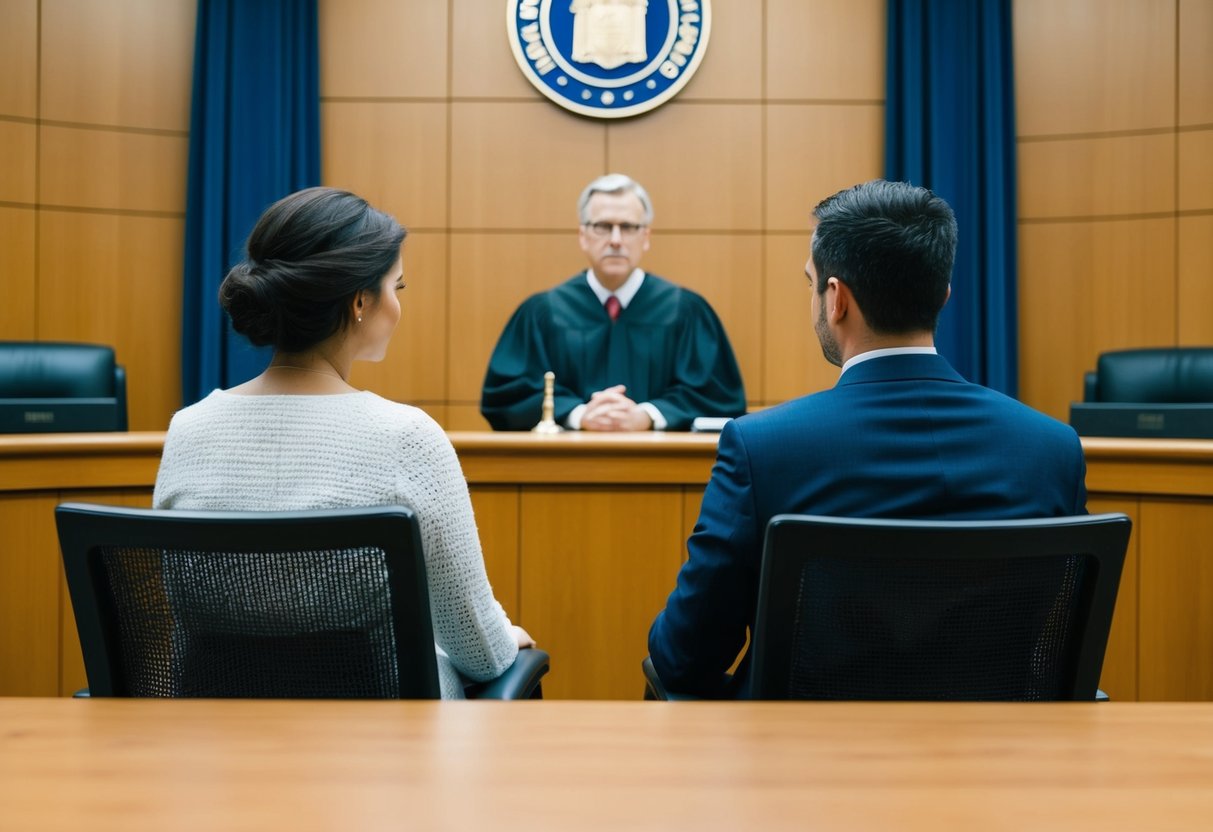 A couple sitting across from each other in a courtroom, with a judge presiding over their second divorce proceedings