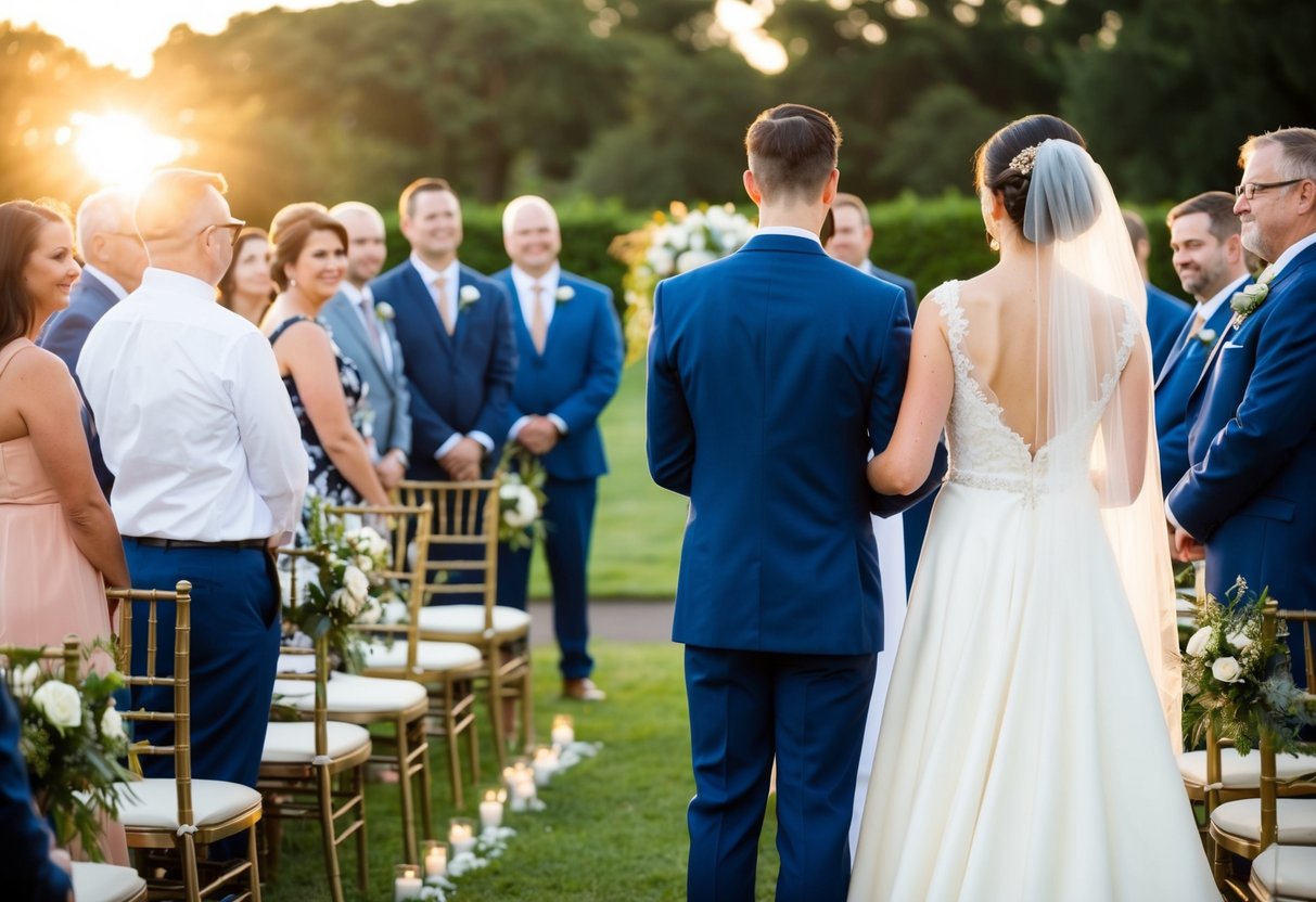 A bride and groom stand at the altar, surrounded by guests. The sun is setting, casting a warm glow over the outdoor ceremony