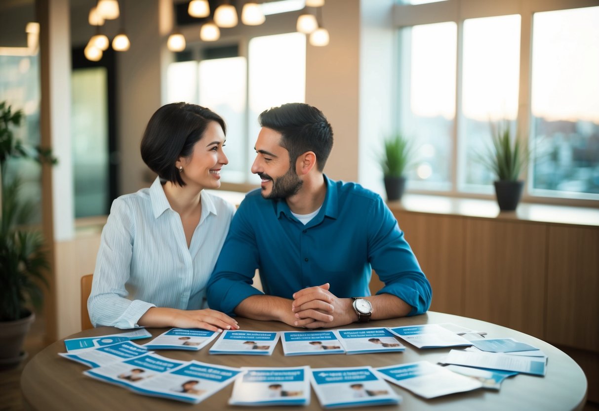 A couple sitting at a table, surrounded by pamphlets and brochures on marriage counseling and support services