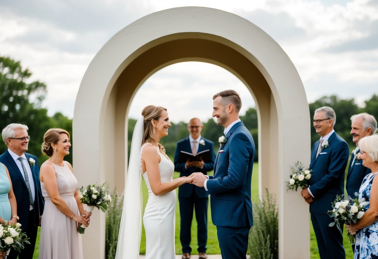 A couple standing beneath a simple archway exchanging vows, surrounded by a small group of close family and friends