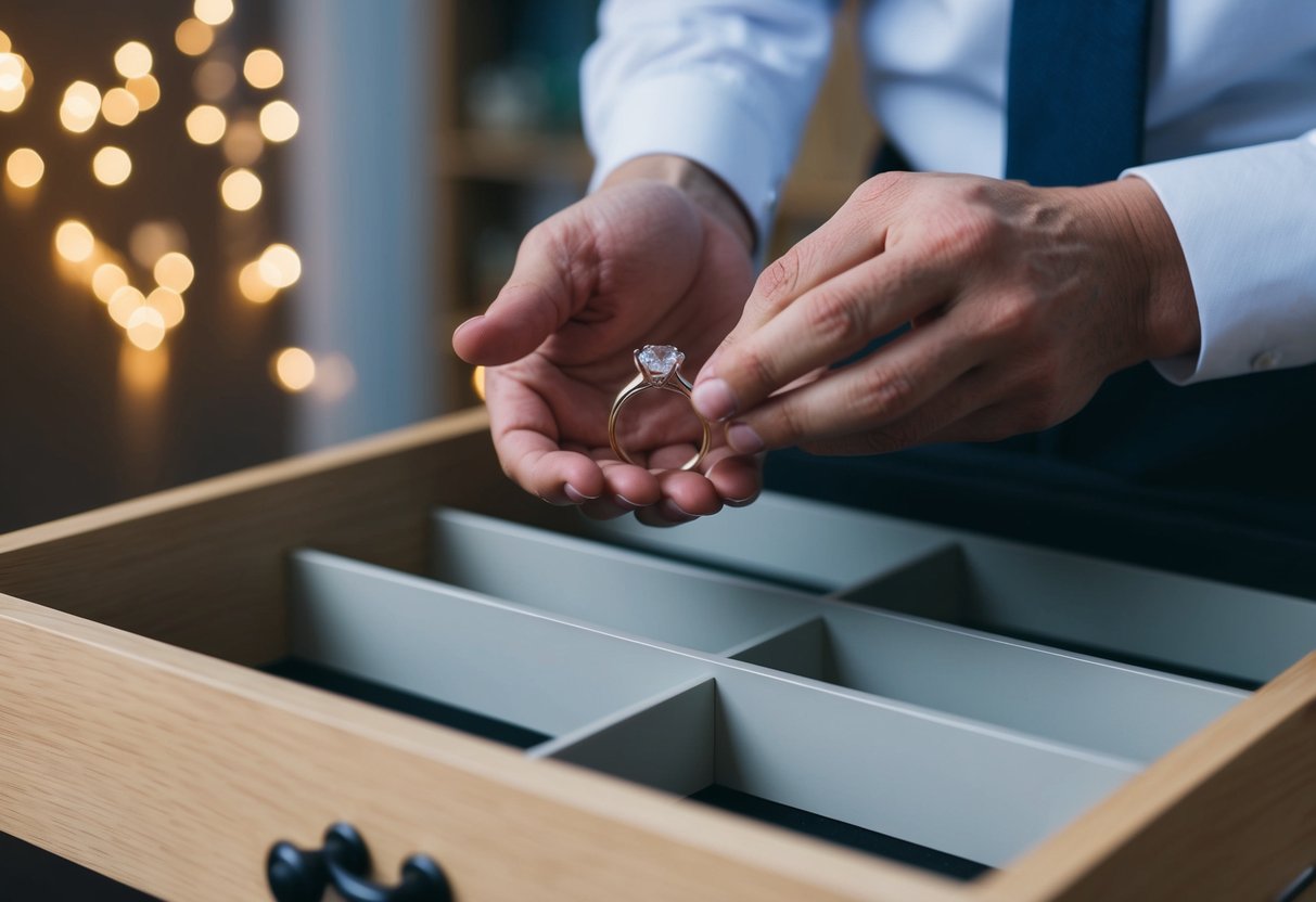 A person removing a wedding ring and hiding it in a drawer