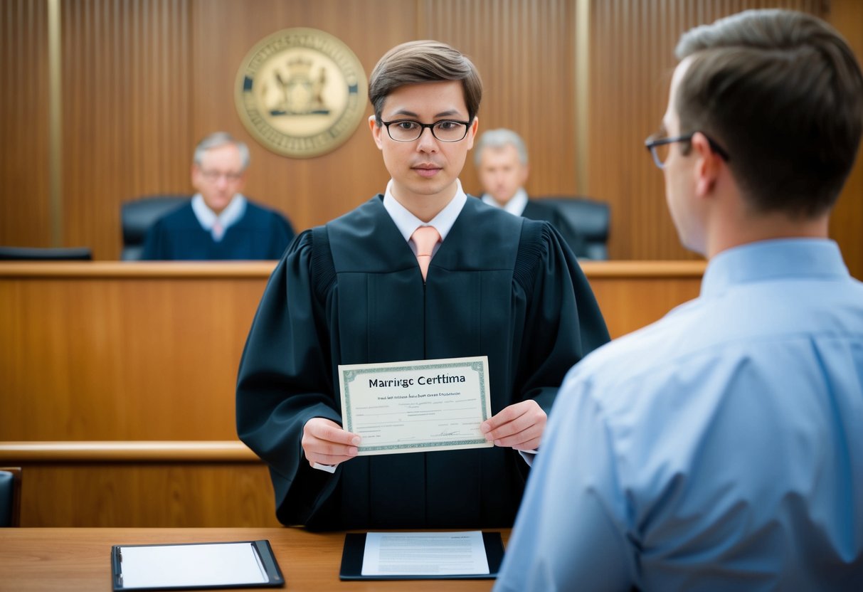 A person standing in front of a judge, with a marriage certificate in hand, while being questioned about their marital history