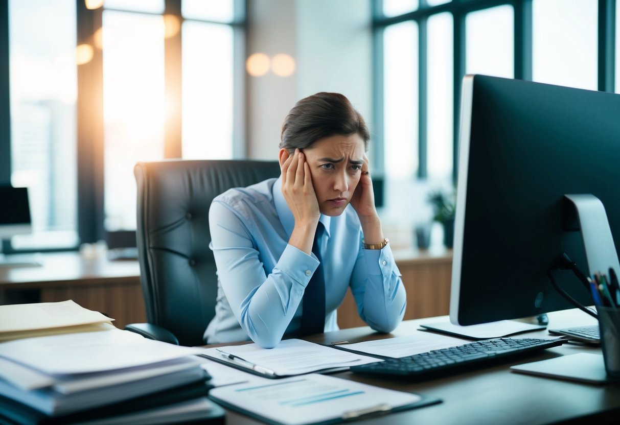 A person sitting at a desk, surrounded by legal documents and a computer, looking stressed and conflicted