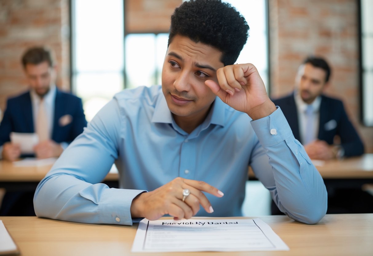 A person with a wedding ring on one hand, nervously glancing around while filling out a form with a checkbox for "previously married."