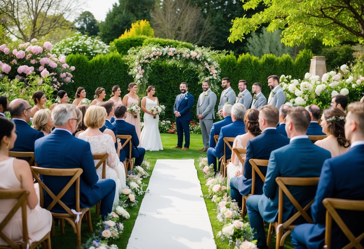 A picturesque outdoor wedding ceremony with a small gathering of guests seated on wooden chairs in a lush garden surrounded by blooming flowers and greenery