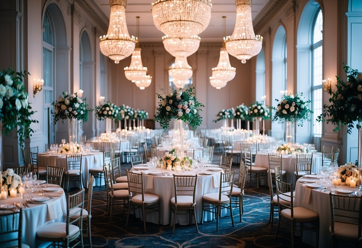 A grand ballroom filled with elegant tables and chairs, adorned with flowers and candles, surrounded by towering windows and ornate chandeliers