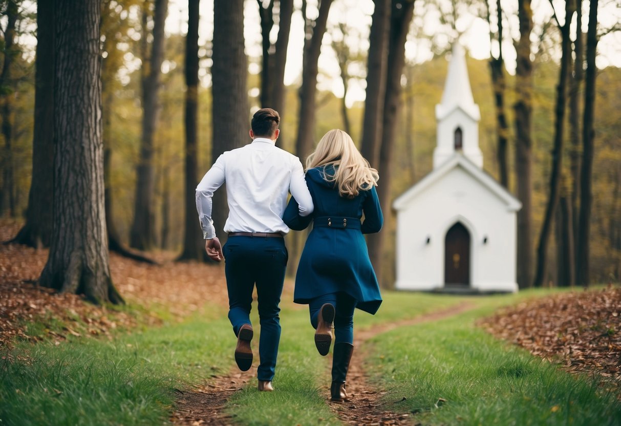 A couple running away together through a forest, with a small chapel in the background