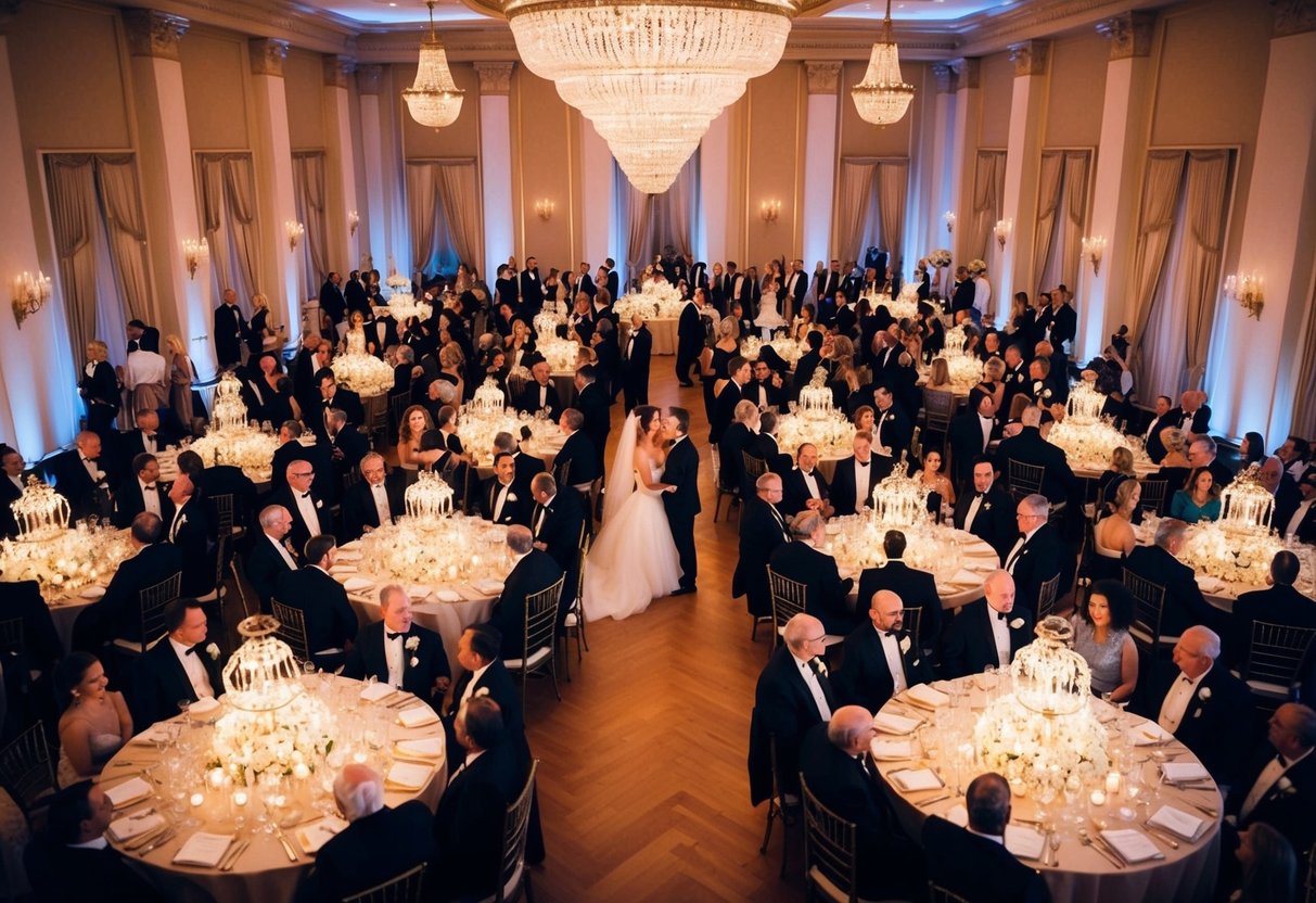 A grand ballroom filled with elegantly dressed guests, chandeliers casting a warm glow, and a bride and groom at the center of attention