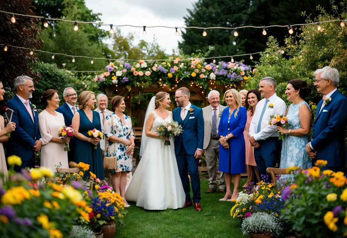 A small wedding with a few close family members and friends gathered in a cozy garden setting, surrounded by colorful flowers and twinkling lights
