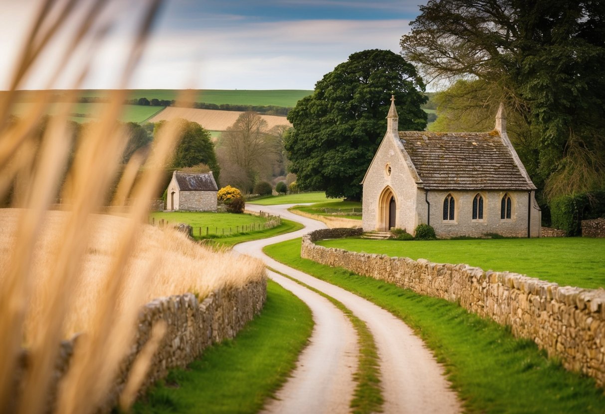 A quaint English countryside with a small stone church and a winding path leading into the distance