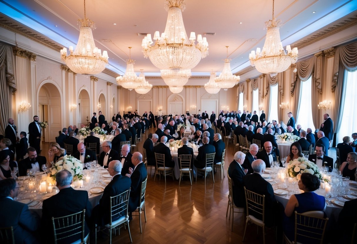 A grand ballroom with elegant decor and chandeliers, filled with formally dressed guests
