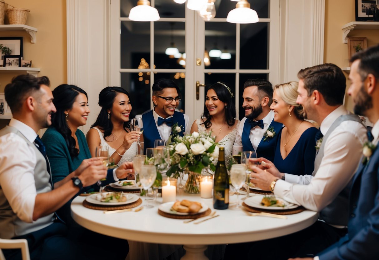 A cozy, intimate setting with a small group of loved ones gathered for a wedding celebration