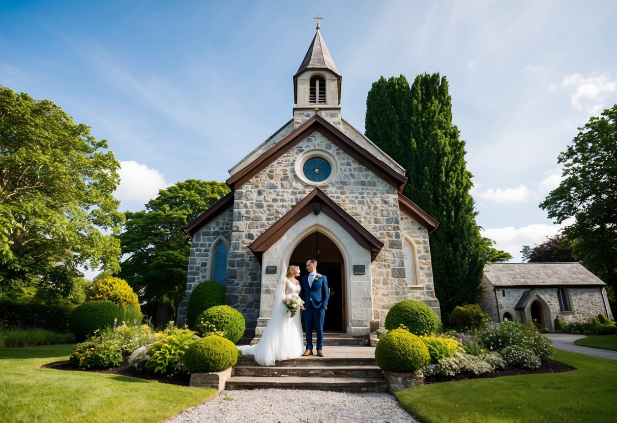 A couple standing at the entrance of a quaint stone church, surrounded by lush greenery and a clear blue sky, with a sense of anticipation and excitement in the air