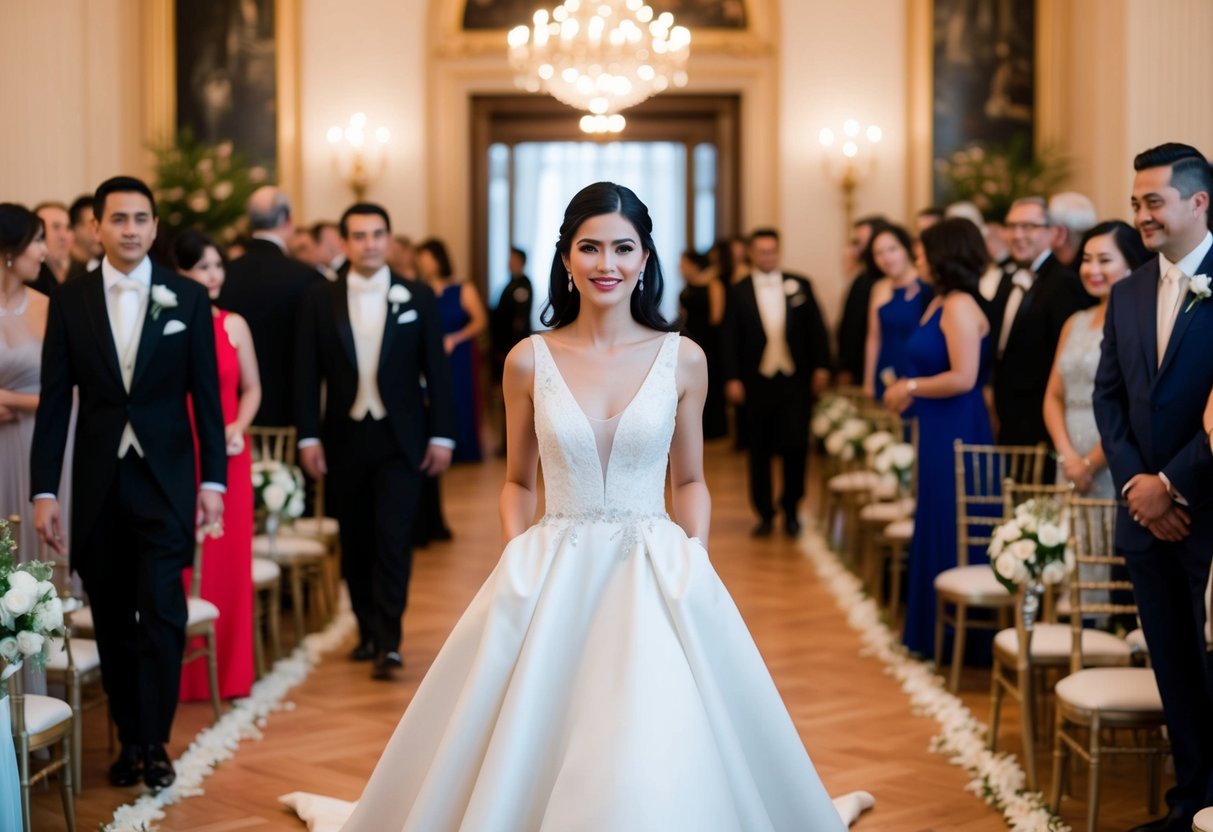 A woman in a sleeveless gown enters a grand ballroom filled with elegantly dressed guests and ornate decorations for a formal wedding