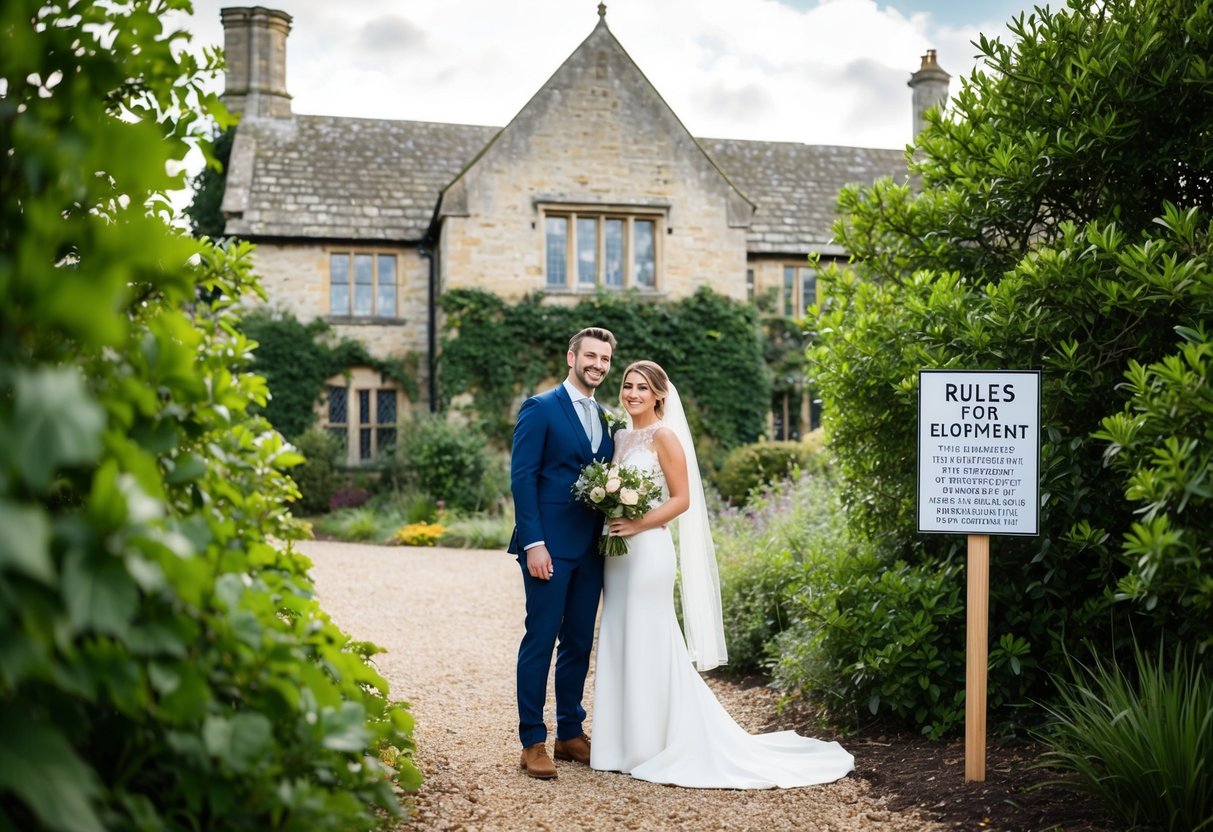 A couple standing in front of an old stone building, surrounded by lush greenery, with a sign nearby displaying the rules for elopement in the UK