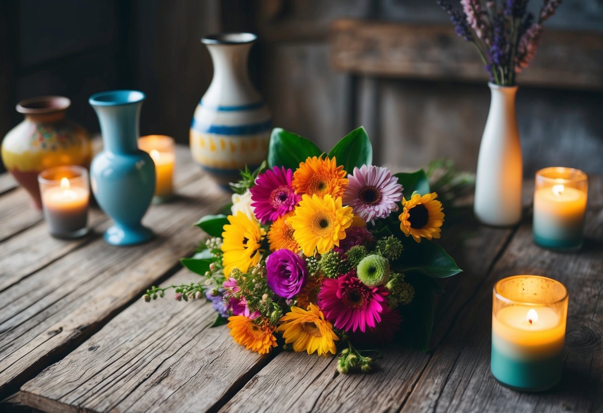 A bouquet of colorful flowers lays on a rustic wooden table, surrounded by mismatched vases and candles