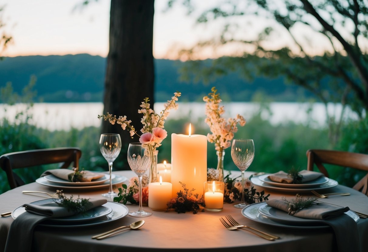 A cozy table set for a few, surrounded by intimate candlelight and delicate flowers, with a serene backdrop of nature