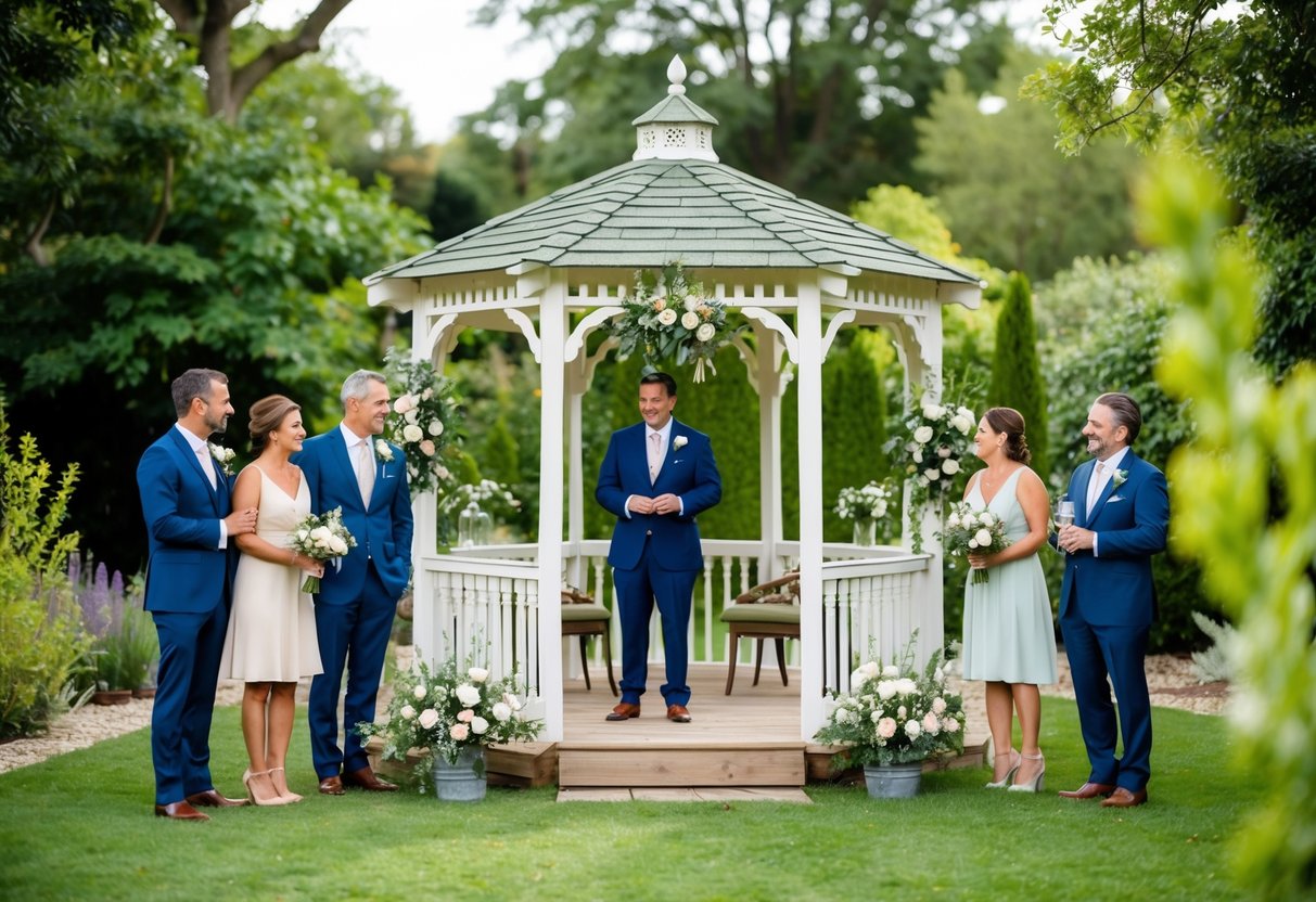 A cozy outdoor garden with a small, intimate wedding set up. A quaint gazebo adorned with flowers, surrounded by close family and friends