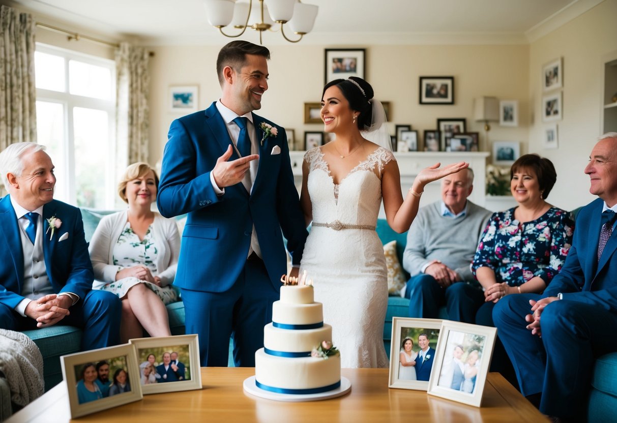A couple standing in a cozy living room, surrounded by family photos and a small wedding cake on the table. They are smiling and gesturing towards each other, while family members listen attentively