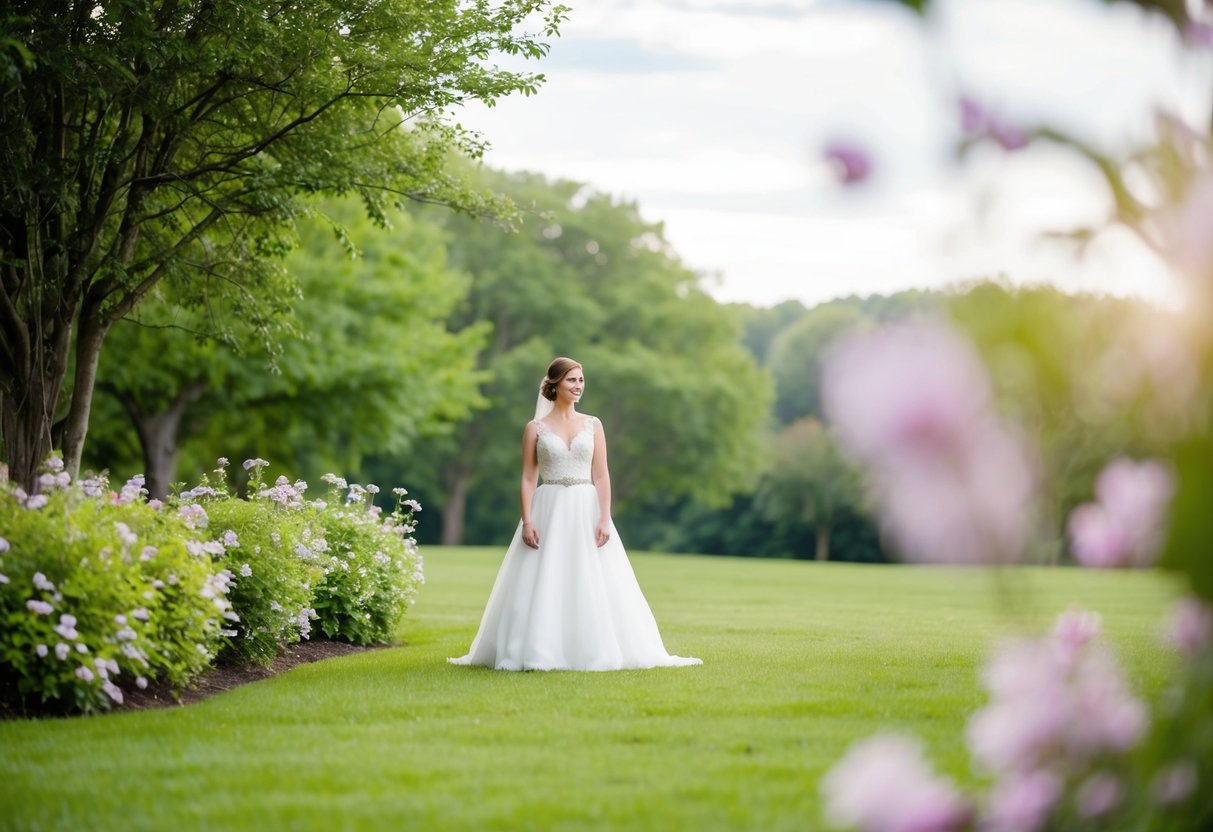 A bride standing alone in a serene outdoor setting, surrounded by lush greenery and blooming flowers, with a soft, dreamy light filtering through the trees