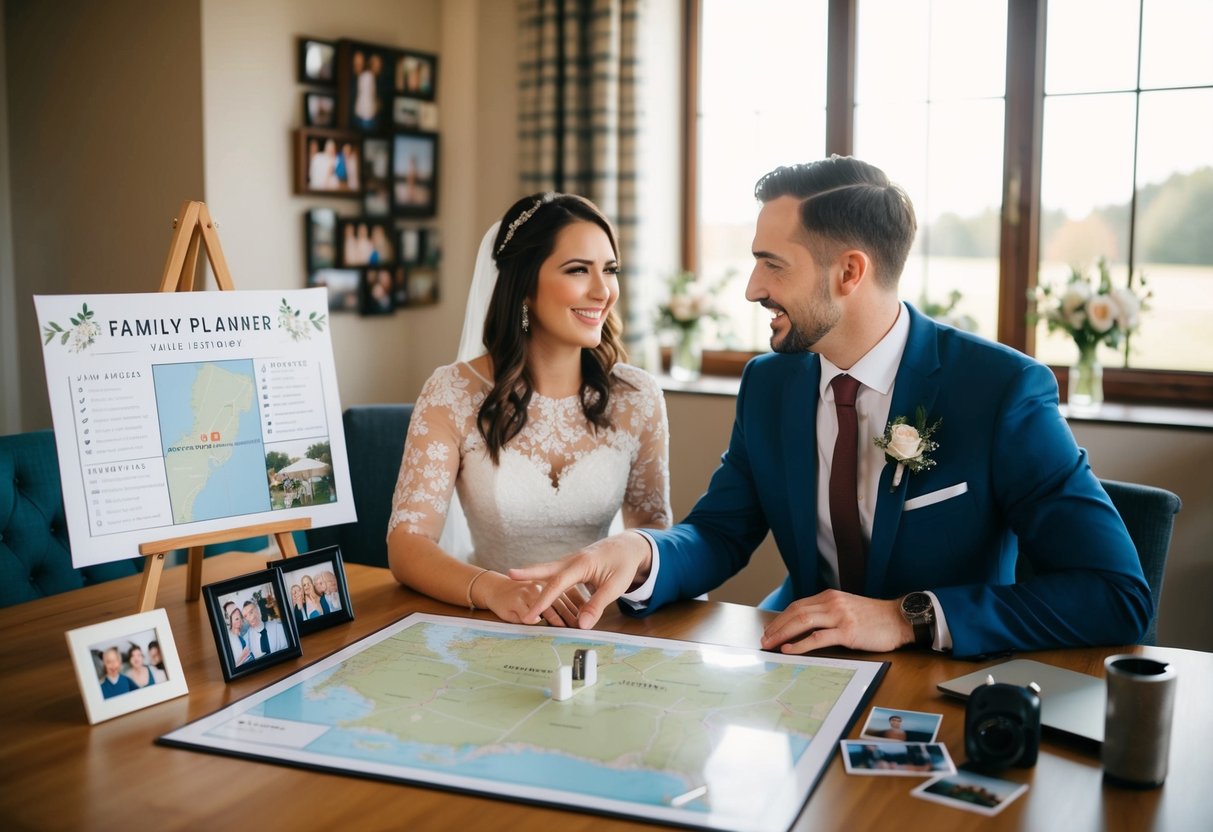 A couple sits at a table with a map and wedding planner, surrounded by family photos. They gesture to a small, intimate venue on the map