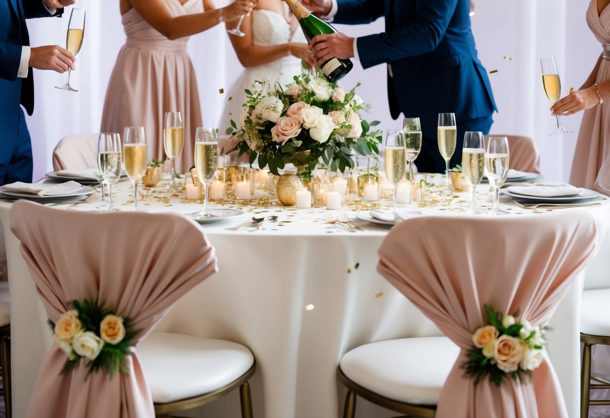 A festive table set with champagne, flowers, and confetti. Bridesmaid dresses draped over chairs, with a bride and groom toasting in the background